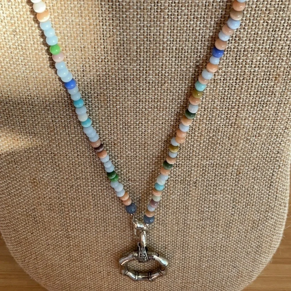 Hand Crafted Eyeglass Necklace Holder Gemstones Blue Beige Green Multi 26 inches
